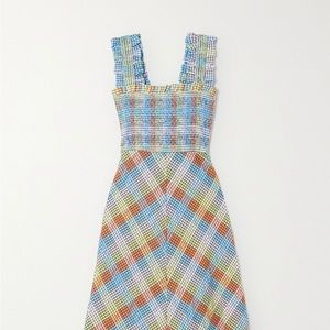 NWOT Ganni Ruffled smocked checked organic cotton-blend seersucker midi dress 38